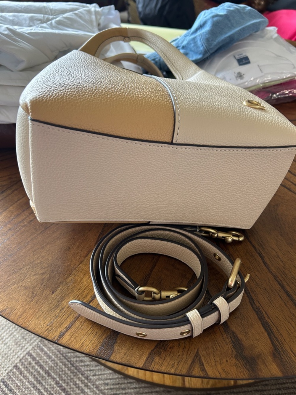 Coach Two-Tone Beige/Tan Pebbled Leather Shoulder Bag - Picture 5 of 5